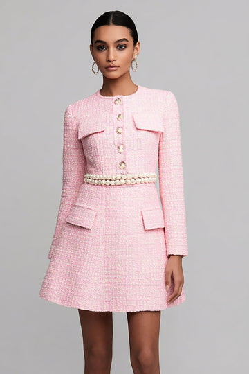 Tweed Pink A Line Work Dress with Long Sleeves